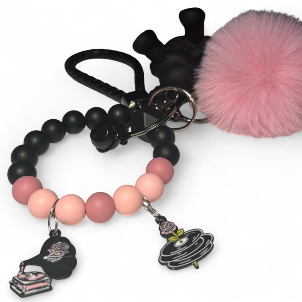 Pink & Black Beaded Pom-Pom and Black Bear Keychain Wristlet - Picture 5 of 7
